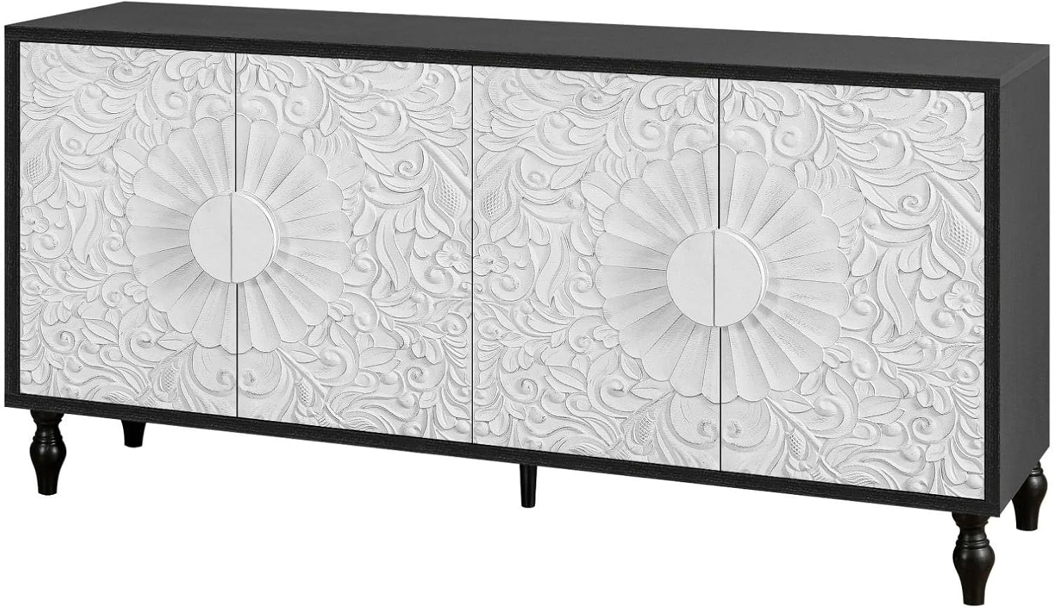 Elegant Vintage Floral Carved Wood Storage Cabinet with 4 Doors, Decorative Buffet Sideboard with Intricate Design, Ideal for Living Room, Entryway, or Dining Room, Black White