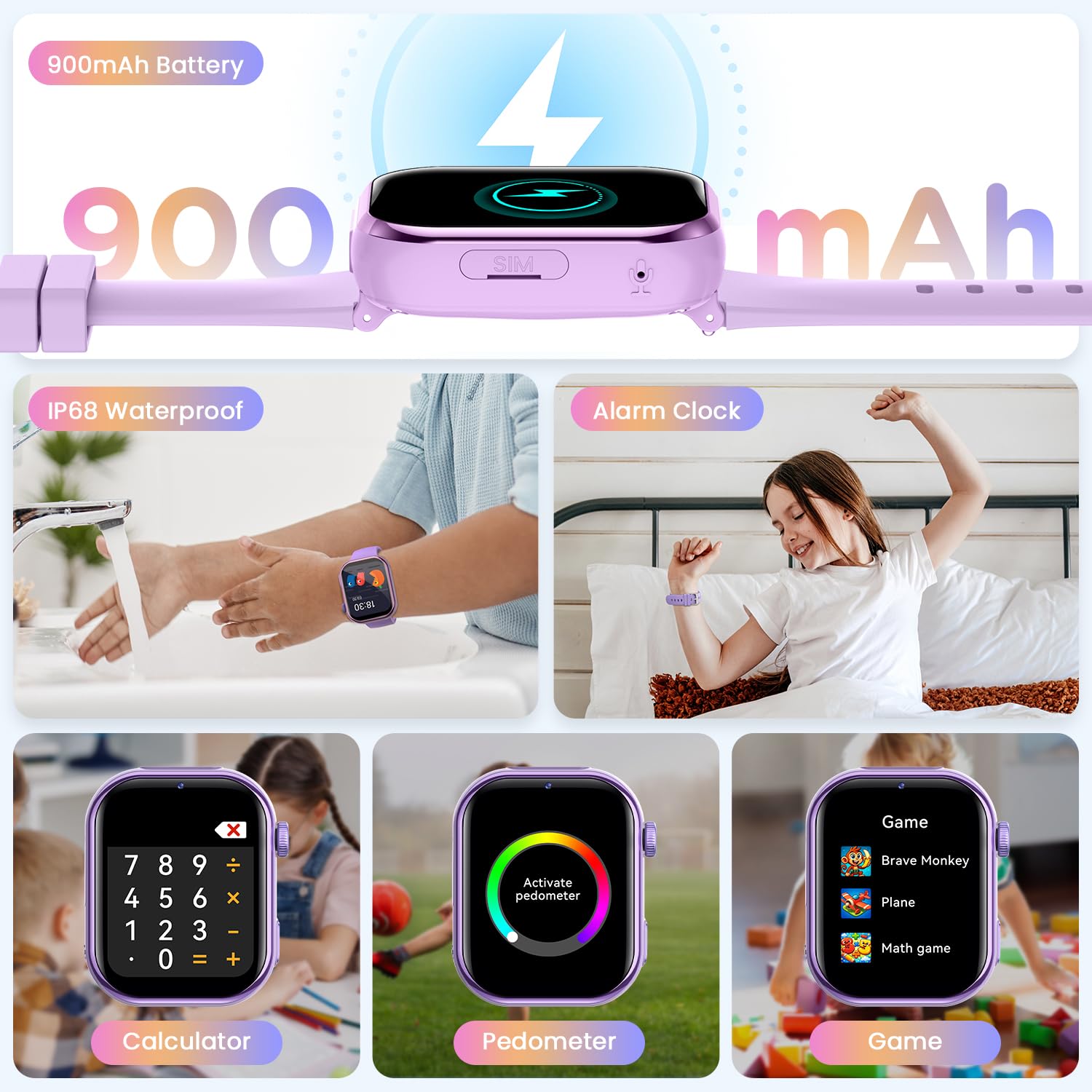 4G Montre Connectée Enfant avec GPS, Double Caméra, Appel Vidéo, SMS, Chat Vocal, SOS, Mode Classe, Réveil, Lampe Torche, IP68, Podomètre, Cadeau pour Garçons Filles, Violet - Garantie 3 Ans