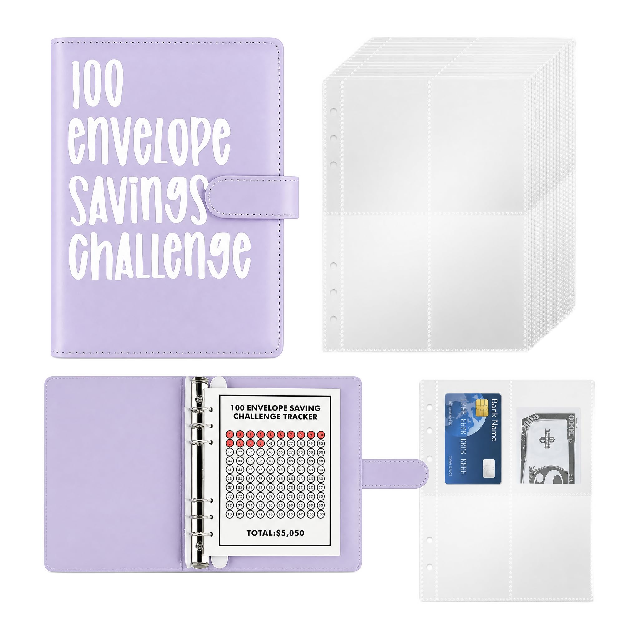 100 Envelope Challenge Binder, Easy and Fun Way to Save $5,050, Savings Challenges Budget Book Binder with Cash Envelopes, Budget Planner Book for Budgeting, Purple