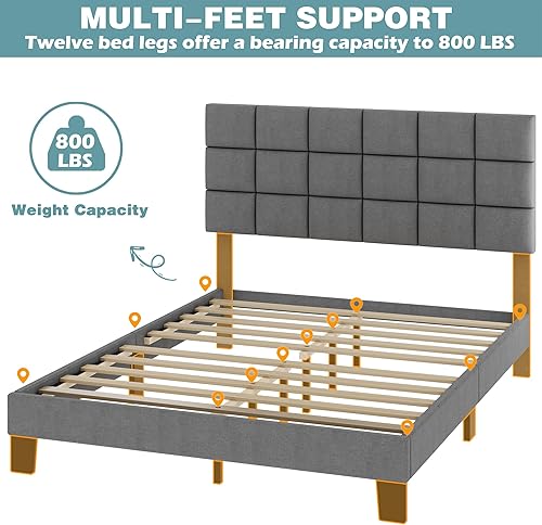 Miniatura 6 de Lifezone Base de cama matrimonial con cabecero tapizado, con cabecera capitoné de lino, soporte de listones de madera, no necesita boxeo, pies
