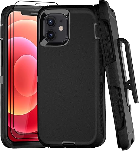 Funda para iPhone 12 con clip para cinturón y 2 protectores de pantalla, resistente de grado militar, funda de cuerpo completo (negro)