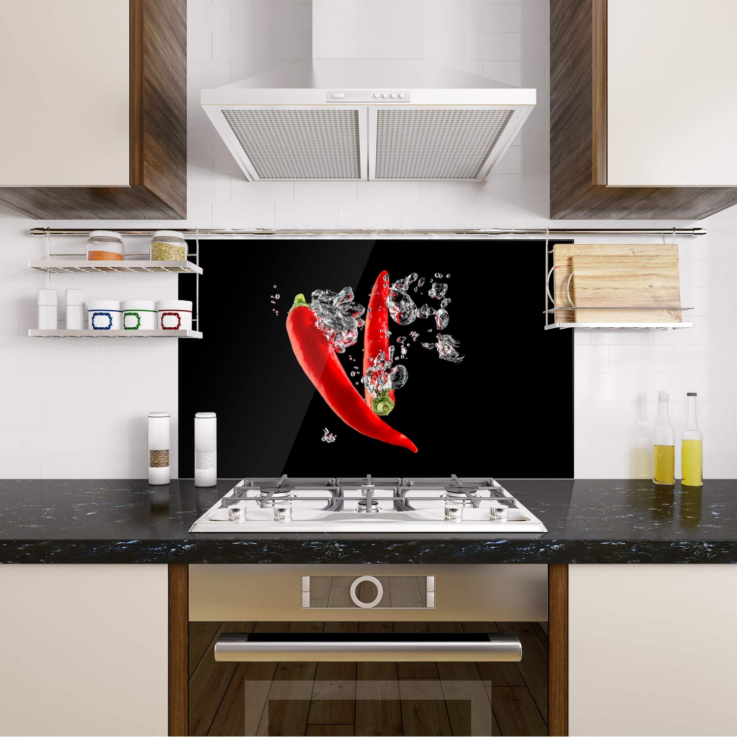 GRAZDesign Spritzschutz Glas Küche Herd Chili Rot Schwarz Küchenrückwand Glasrückwand 4mm ESG Glas 80x40cm