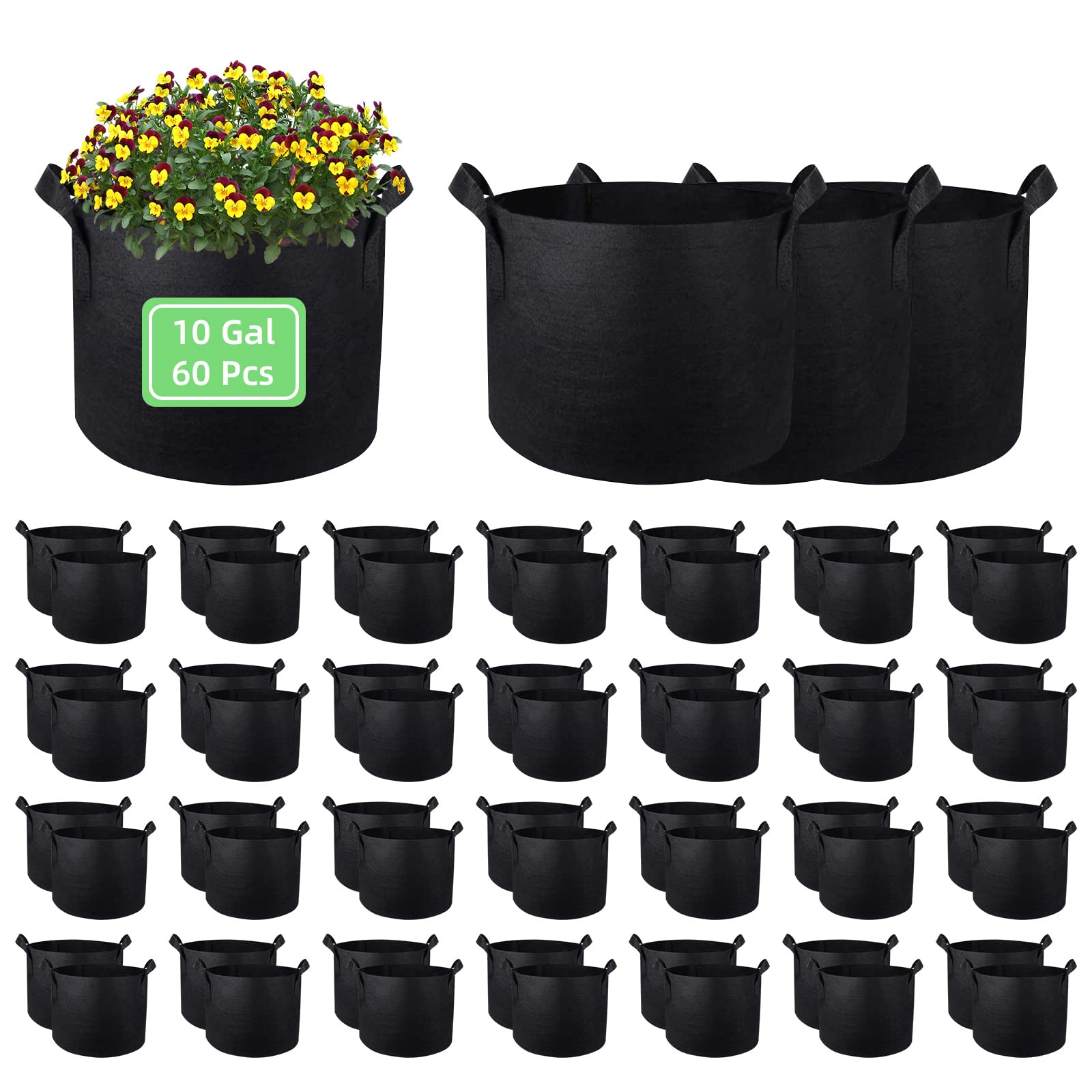 Lot de 60 sacs de culture en tissu non tissé de 37 litres avec poignées, pour légumes, fleurs, pommes de terre (noir)