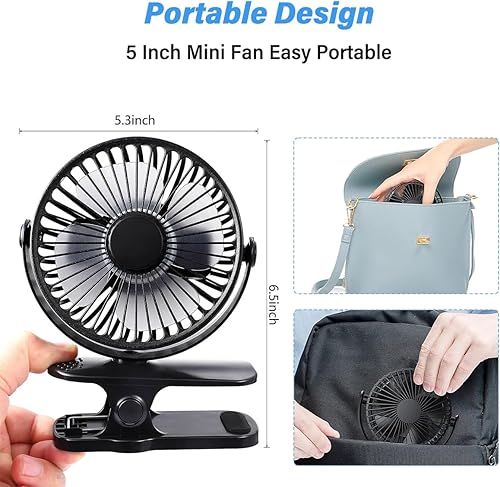 Miniatura 5 de Ventilador de escritorio USB, pequeño pero potente, ventilador de clip portátil personal con 3 velocidades de viento, ventilador personal giratorio