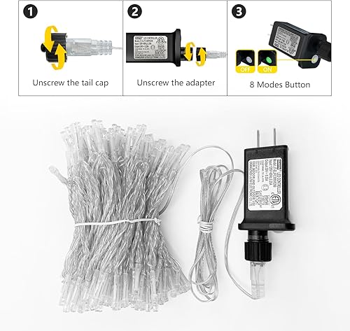 Miniatura 9 de MEHOFOND Guirnalda de 300 luces LED de 105 pies, luces de Navidad parpadeantes amarillas cálidas enchufables, 8 modos, impermeables, decoraciones de