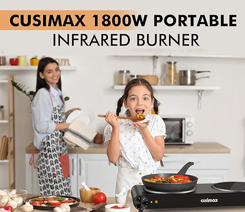 Miniatura 6 de CUSIMAX Quemador doble, quemador eléctrico de 1800 W, placa caliente de cerámica para cocinar, quemador infrarrojo de control doble, placa de vidrio
