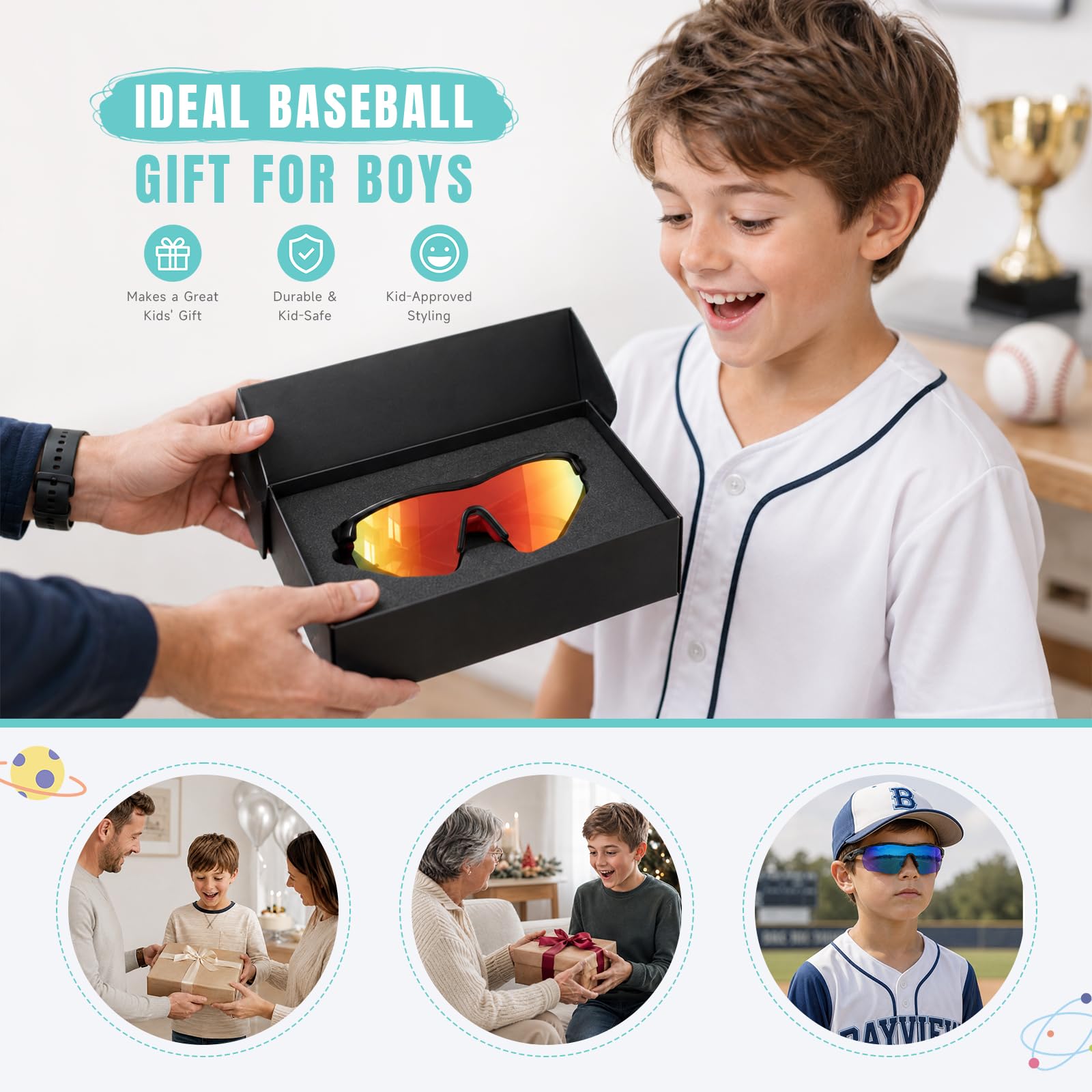 Lunettes de soleil pour enfants - Lunettes de soleil de baseball polarisées - TR90 - Légères - UV400 - Cadre pour garçons et filles