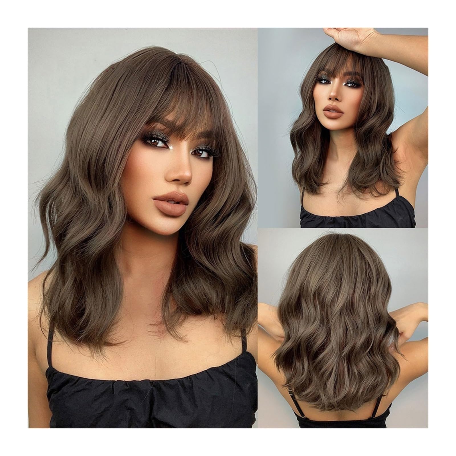 Perruque brune frange courte pour masquer la perte de cheveux afro - 7
