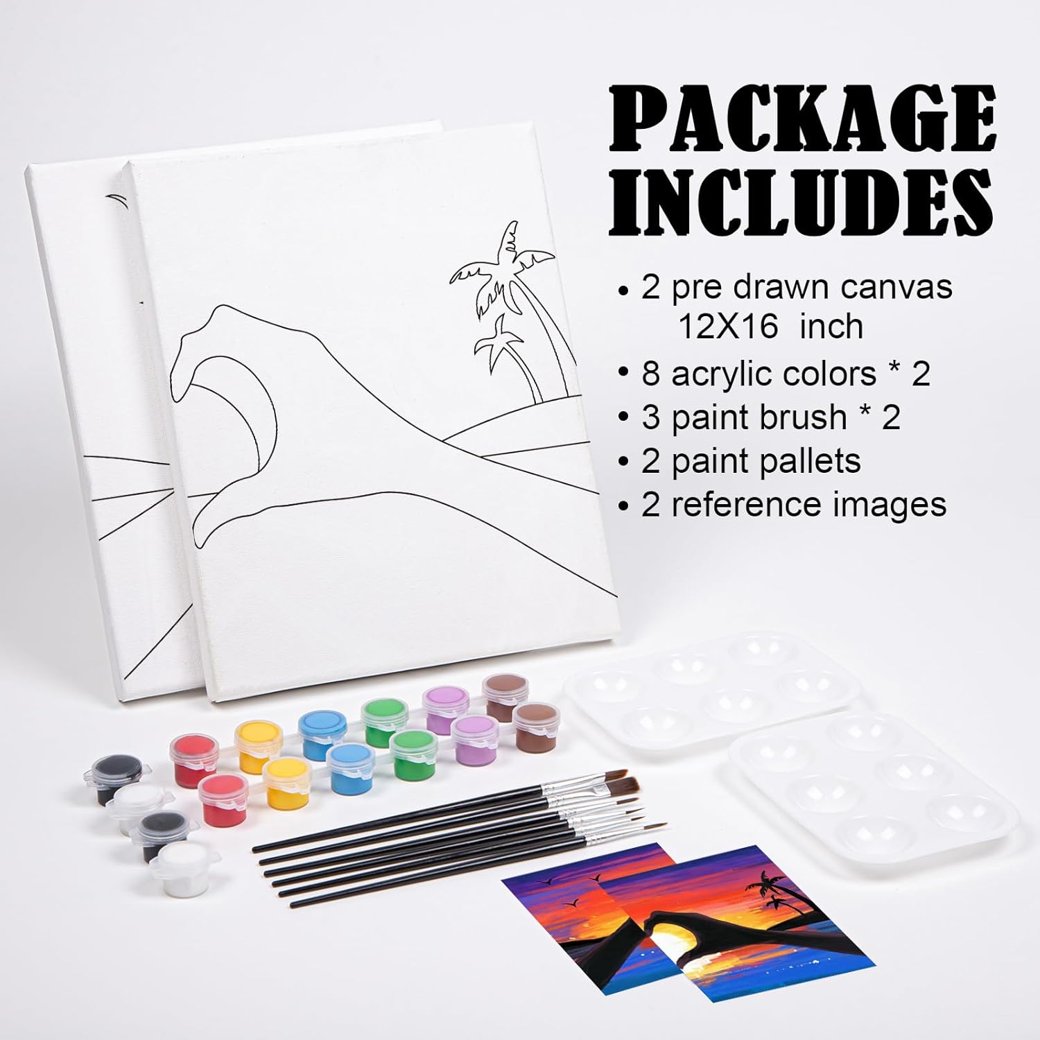 VOCHIC Sip and Paint Kit, Pre Drawn Canvas Couples Painting Party Kits Paint Art Set with Outline Canvas for Adults Date Night Couple Sunset Heart 2 Pack (12 x 16 Inches)