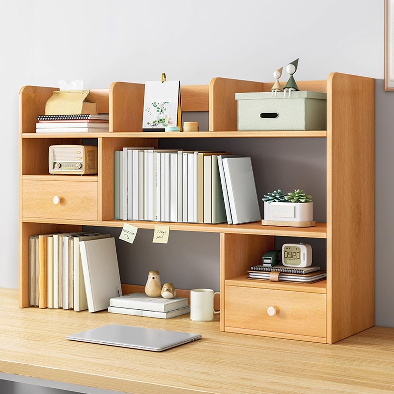 CWCQGH 3-Tier Desk for Dorm Room - Desktop Organizer with 2 Cabinet Doors, Ideal for Books, Documents, Plants, Cosmetics, and Decorative Ornaments - Space-Saving Storage Solutio,Yellow-110cm/43.3in