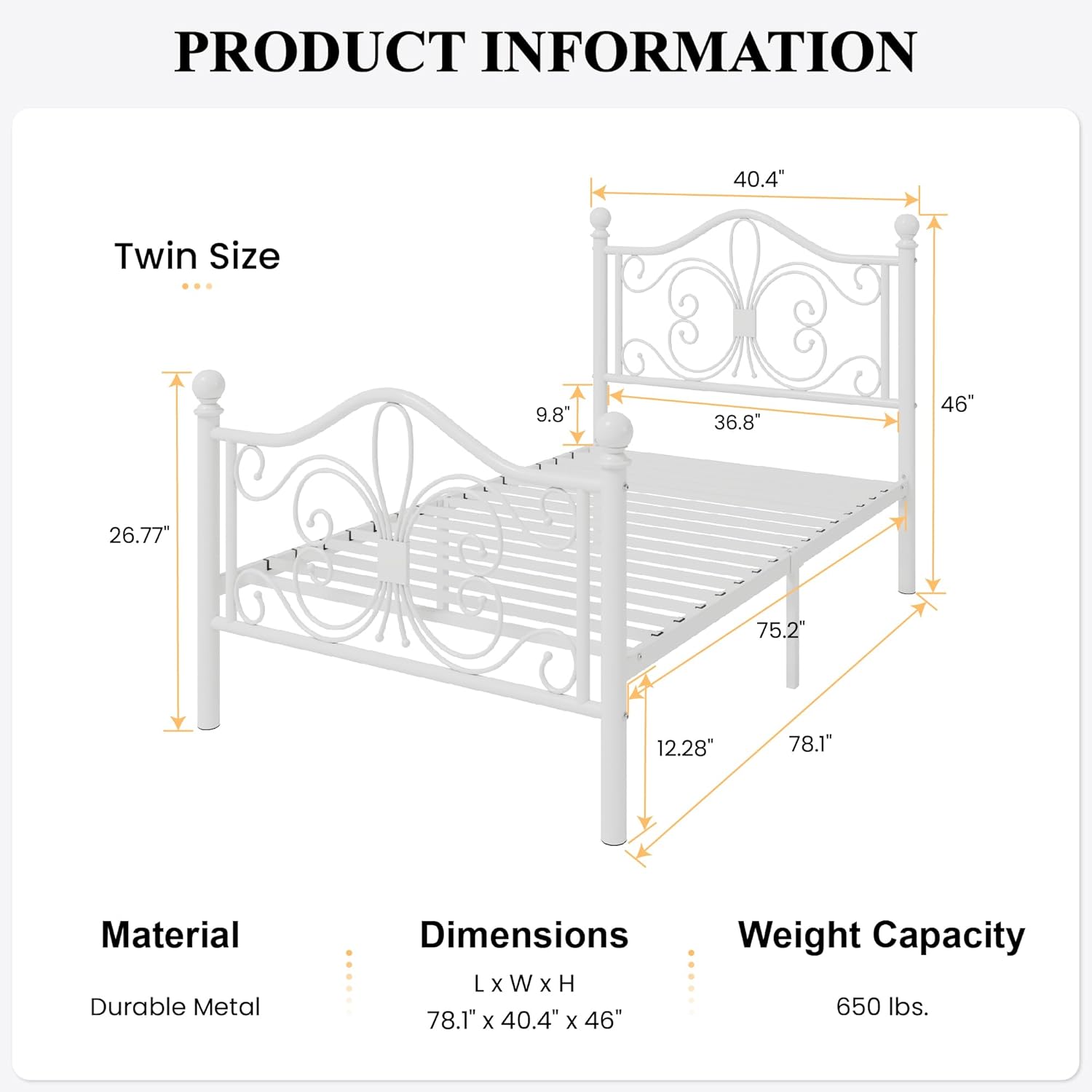 SHA CERLIN Twin Size Bed Frame for Kids,Metal Bed Frame with Butterfly Pattern Design Headboard & Footboard,No Box Spring Needed,Easy Assembly,White - Image 2