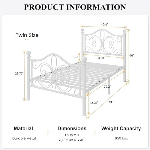 Miniatura 2 de SHA CERLIN Marco de Cama Tamaño Twin para Niños, Marco de Cama de Metal con Cabecero y Pie de Cama de Diseño de Patrón de Mariposa, No Necesita