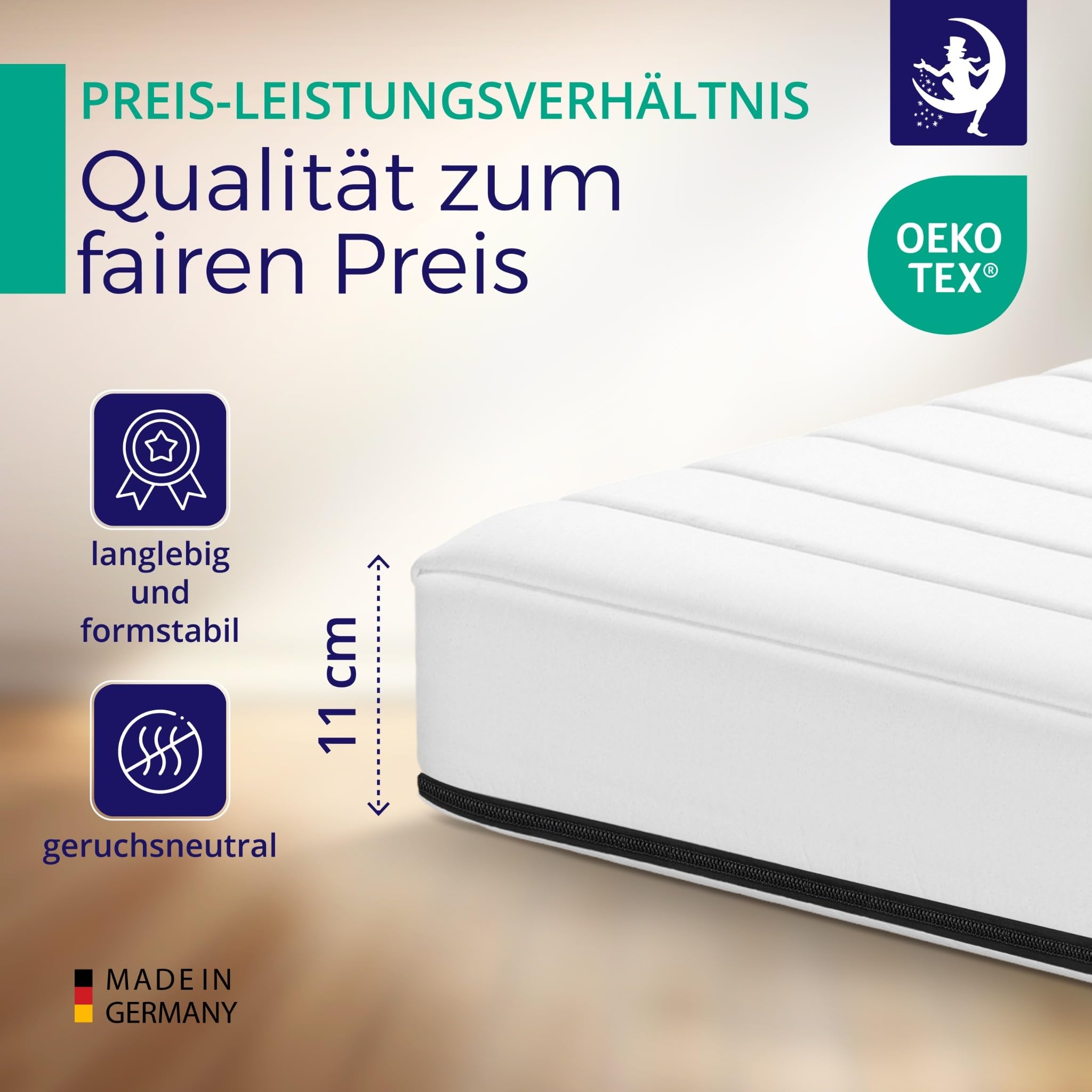 Mister Sandman Kaltschaummatratze 200x200 cm H3 – Rollmatratze 11 cm hoch – waschbarer Bezug 60° – Öko-Tex – Made in Germany