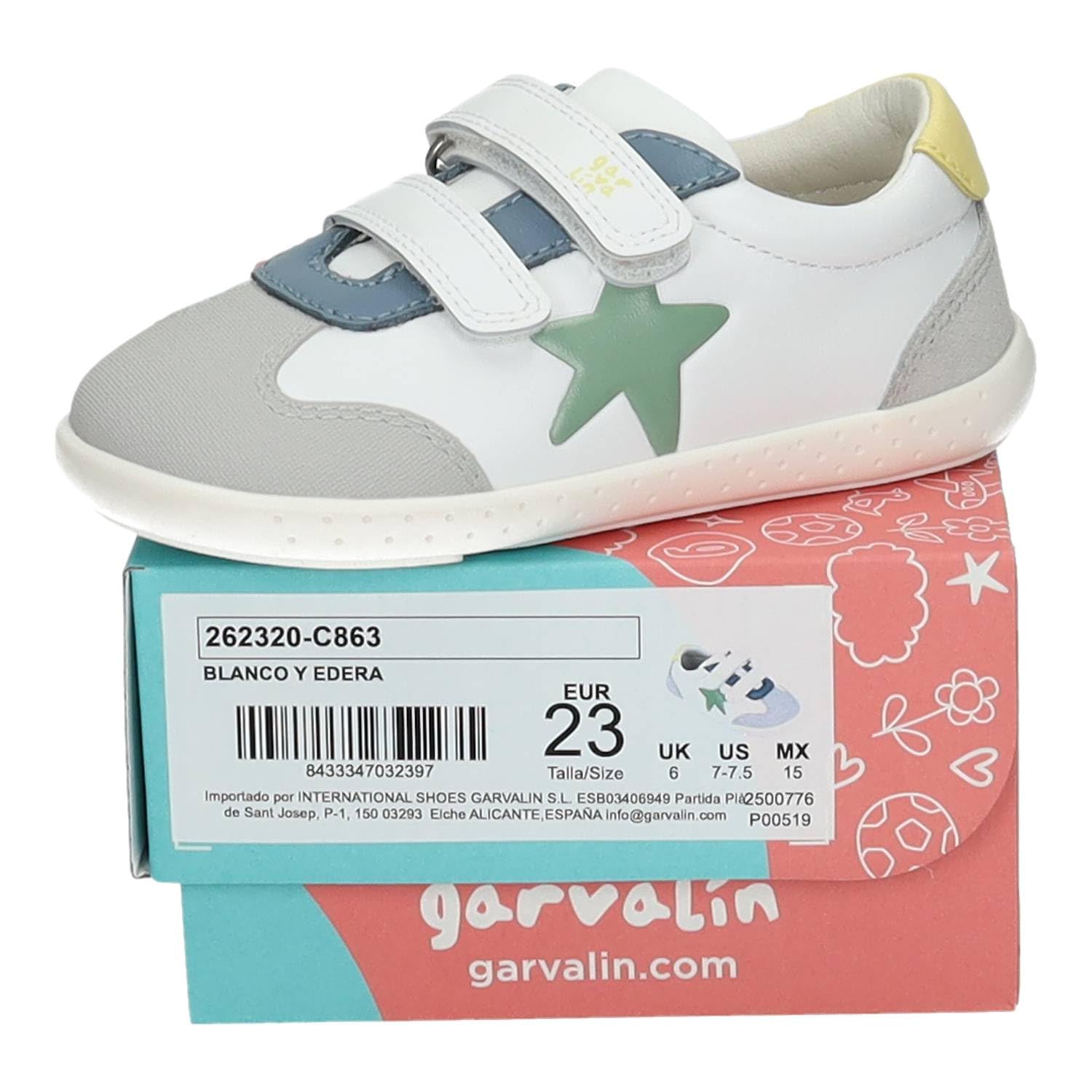 GARVALÍN 262320-C863 Calzado Respetuoso Barefoot Infantil con Doble Cinta Textil Adhesiva, Puntera Ancha y Suela Flexible Blanca Azul Gris NIÑO Deportivos