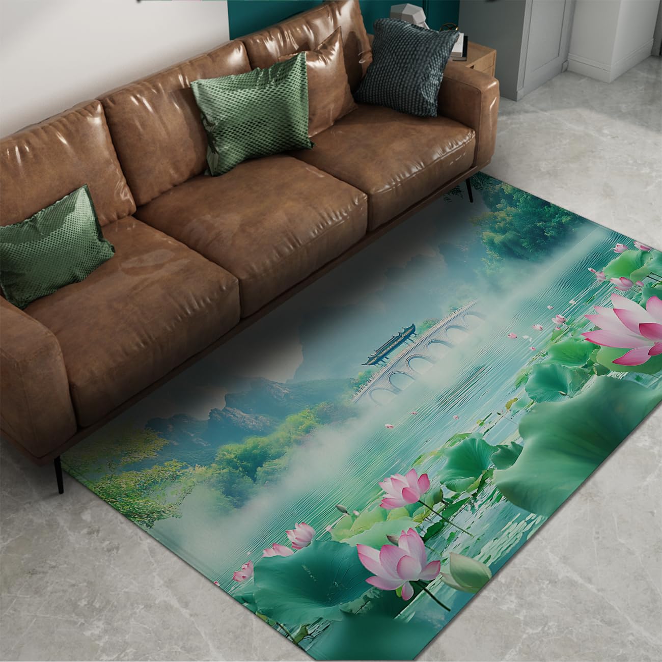 Tapis lavable à dos antidérapant motif feuilles vertes et lotus rose