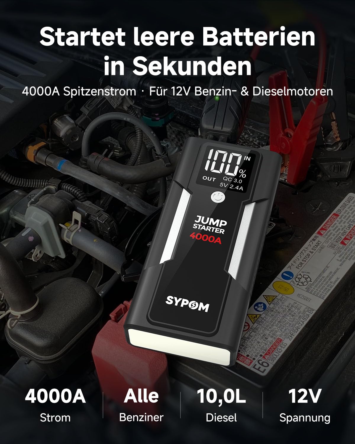 Tragbare Starthilfe, 4000 A Spitzenstrom Autobatterie Ladegerät, 12 V Startbox für LKW bis zu 10 L Diesel, Motorrad, Dual USB, LED-Licht, Großartiger Batterie-Jumper für Notfall-Kit für Auto