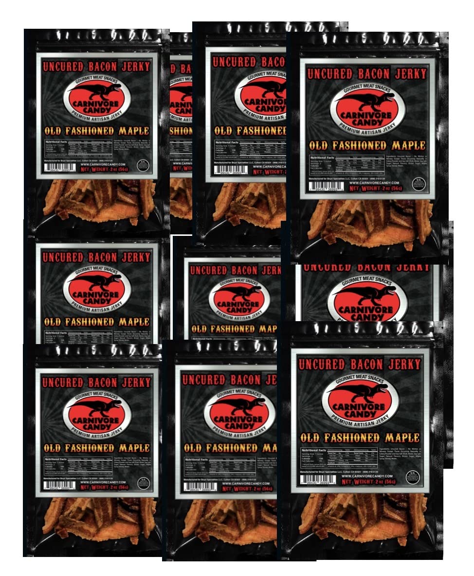 Jurassic Jerky Bacon Jerky Multipacks - Old Fashioned Maple Bacon Snacks for On-the-Go - Savory Bacon Bites in Convenient Multipack - (10) 2 Oz bags