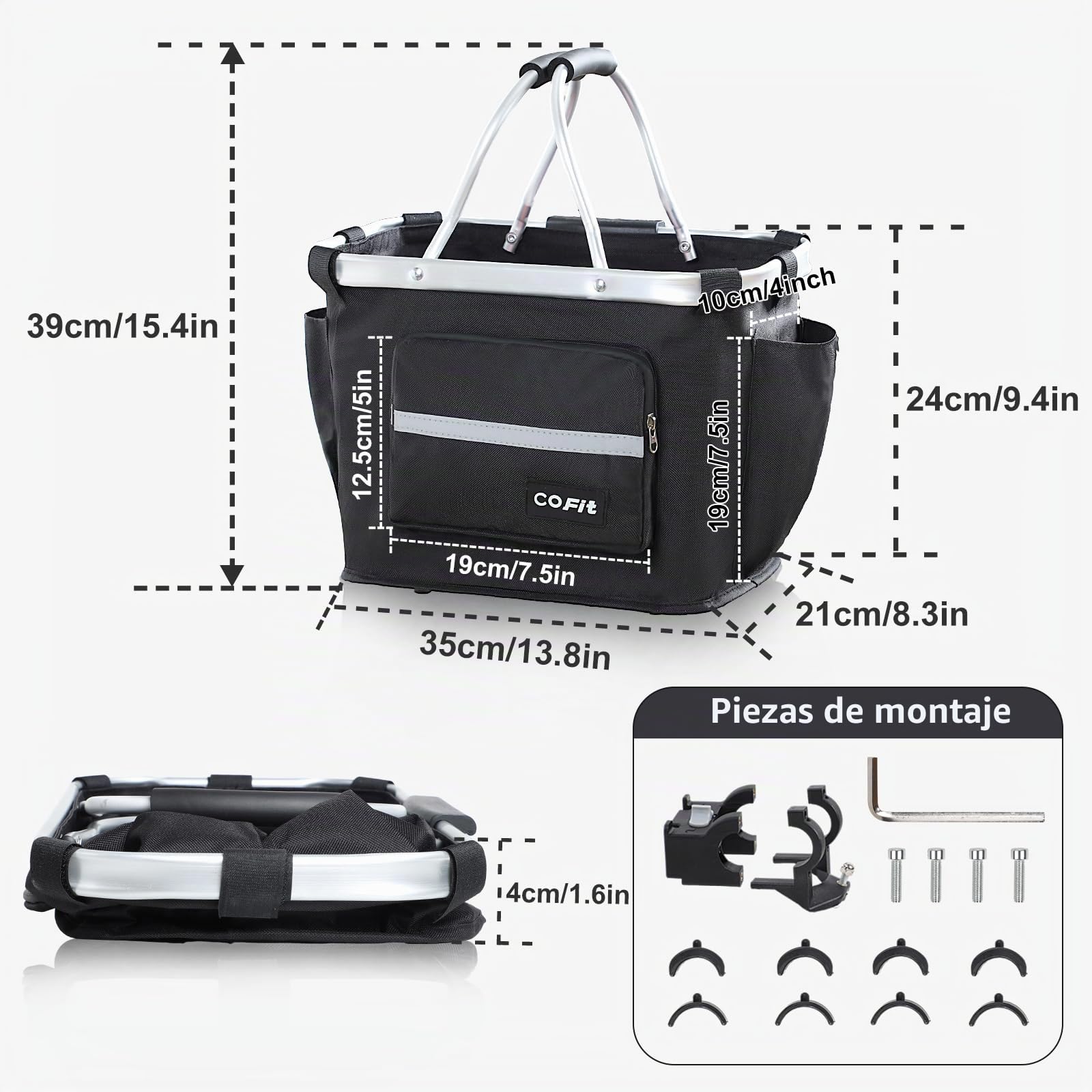 COFIT Canasta de Bicicleta Plegable, Canasta de Manillar de Bicicleta Multiusos Extraíble para Porta Mascotas, Bolsa de Compras, Bolsa de Viaje, Camping al Aire Libre