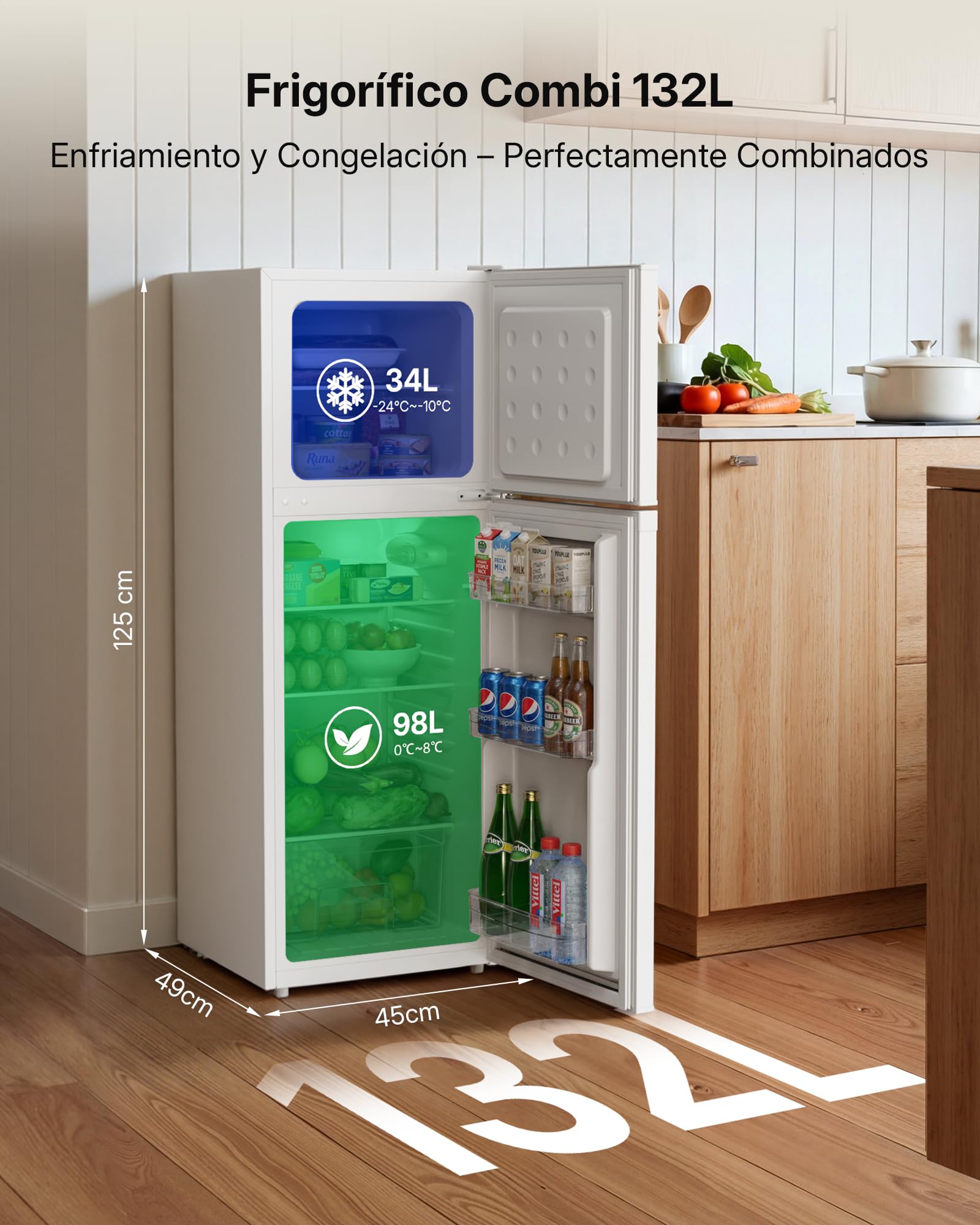 Upstreman Nevera Combi 132L, Frigorifico Dos Puertas (98L Refrigeración + 34L Congelador), 7 Niveles de Temperatura, Frigorífico Silencioso Blanco para Casa y Oficina, TM132