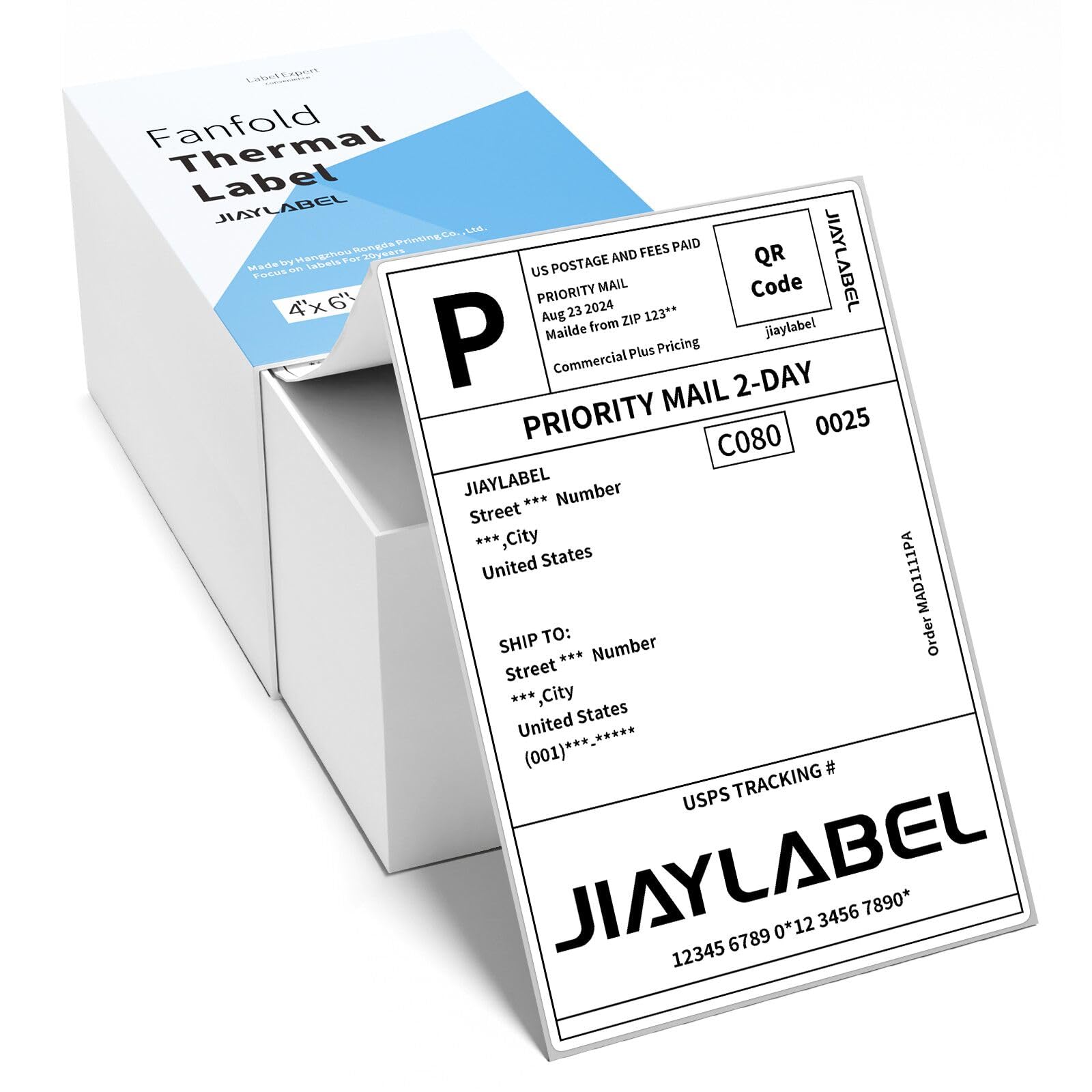 JIAYLABEL4x6 Thermal Shipping Label Mailing Stickers Paper for Thermal Label Printer USPS UPS Address Fanfold Big Packing White Color 500 Labels/Stack,1 Stack