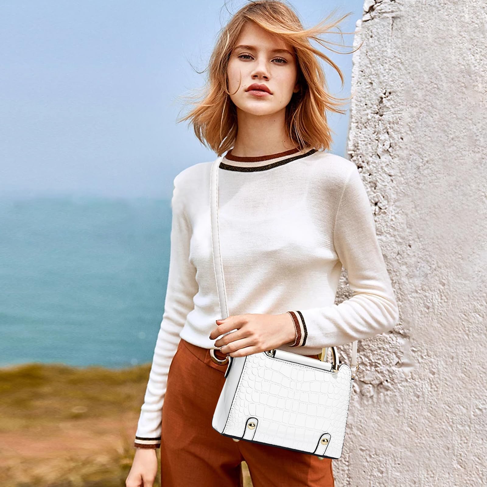 NICOLE & DORIS Borsa a Mano Elegante Piccola Borsa Tracolla Vernice Coccodrillo Borsa a Spalla Borsetta Crossbody Borsa Donna Bauletto Borsa Pochette Bianco