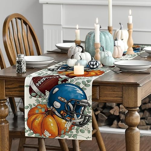 Miniatura 3 de Artoid Mode Camino de mesa de otoño de eucalipto con casco azul, calabaza, fútbol, otoño, Acción de Gracias, cocina, comedor, decoración para