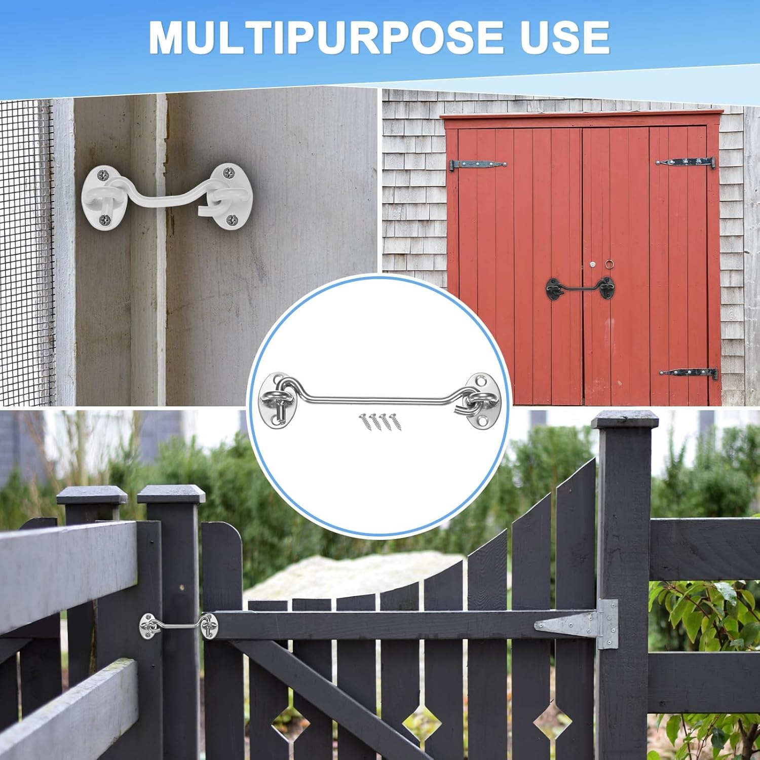 M METERXITY 2-Pack Hook and Eye Latch for Door 150 Mm/6 Inch 201 Stainless Steel Barn Door Lock Hook and Eye Gate Latch for Gate/Shutters/Window/Cabinet/Bathroom [Silver]