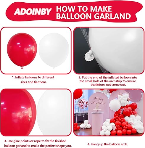 Miniatura 3 de ADOINBY Kit de arco de globos rojos y blancos, 140 piezas de color blanco mate, rojo mate y rojo confeti, kit de guirnalda de globos para