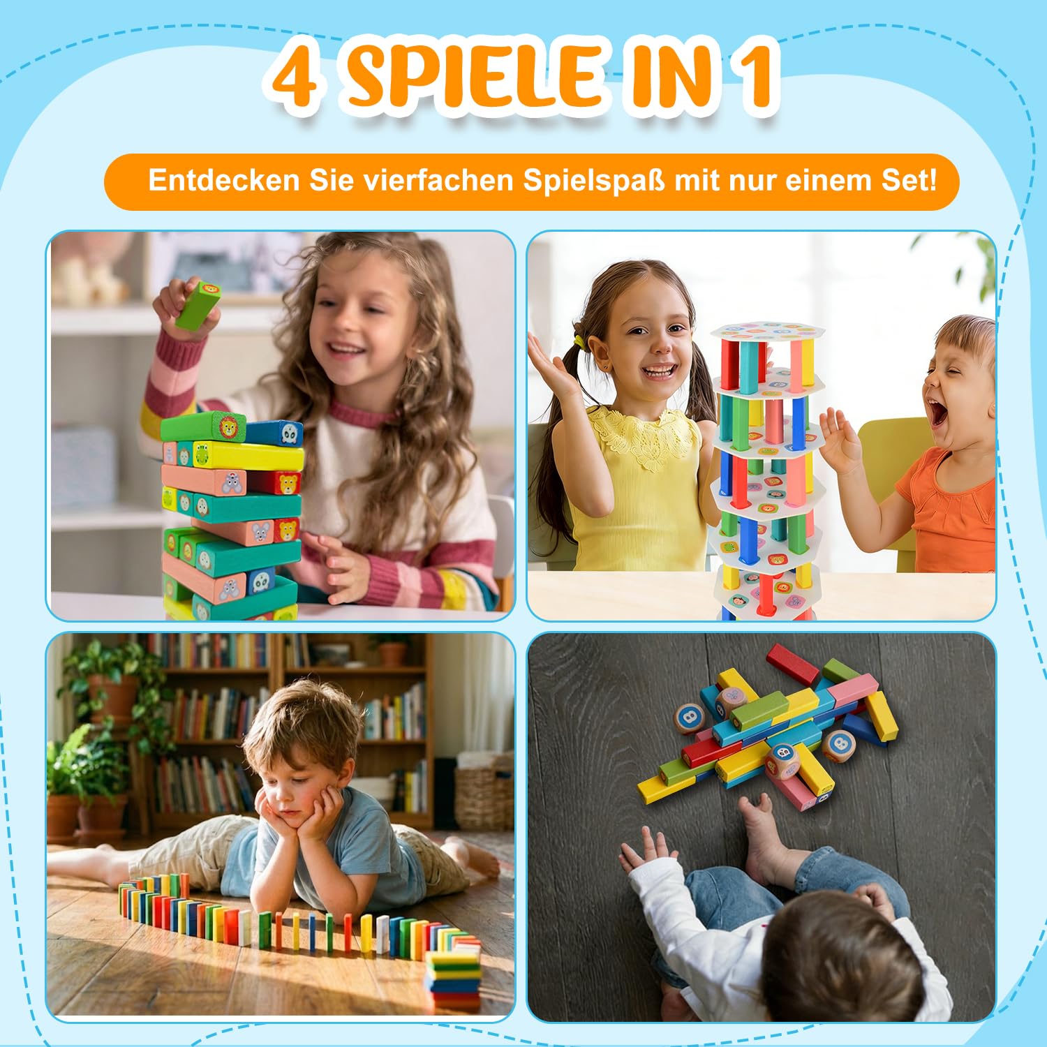 Torre de Bloques de Madera 4 en 1, Juguete Montessori de Equilibrio y Habilidad, Juego de Mesa Familiar y de Viaje, Juego Educativo Regalo para Niños y Niñas de 3 a 9 años