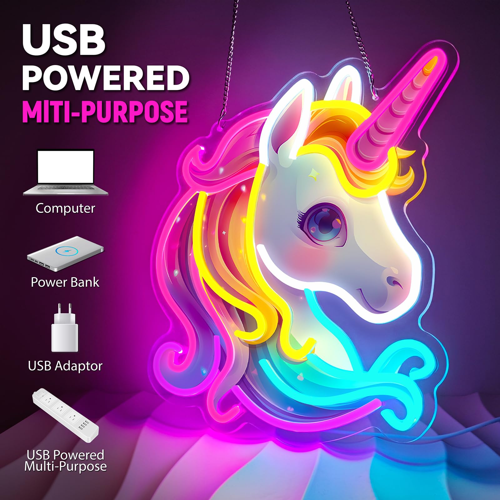 Neonowe znaki jednorożca, kolorowy wiszący znak świetlny LED, zasilany przez USB, możliwość ściemniania, do pokoju dla małych dziewcząt, sypialni kobiet, dekoracja akademika, przyjęcie