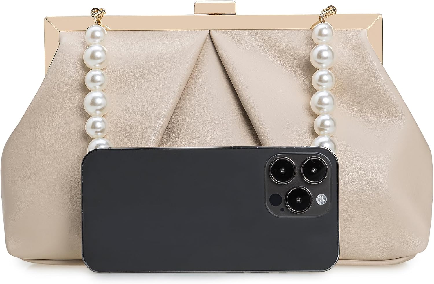 CHARMING TAILOR Faux Leather Clutch Purse Ruched PU Metal Frame Formal Evening Bag with Pearl Starp - Image 3