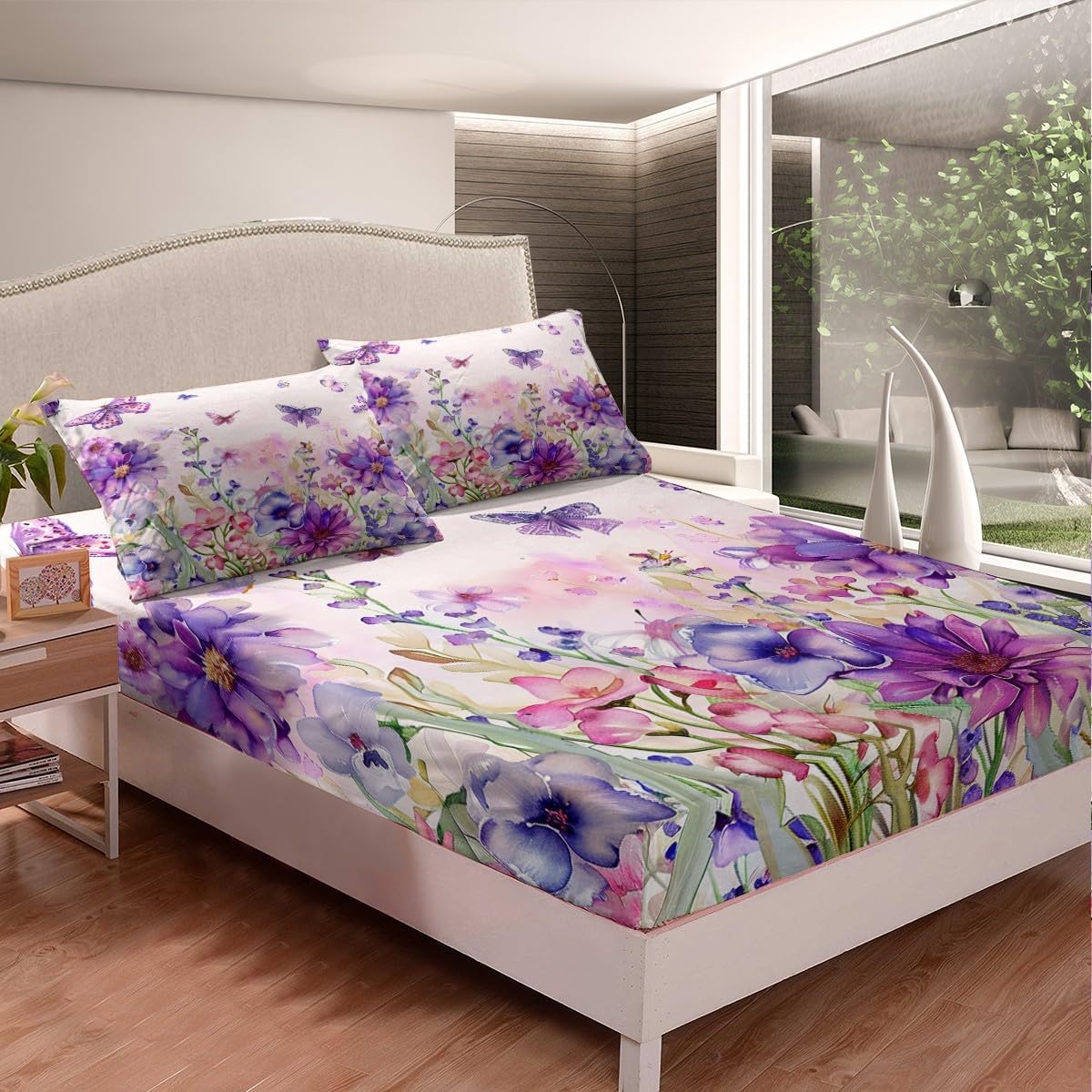 Erosebridal Purple Flower Sheet Set Colorful Butterfly Fitted Sheet Garden Style Fluffy Floral Bedding Set Girly Watercolor Decor Bed Cover 1 Fitted Sheet with 1 Pillow Case Twin Size