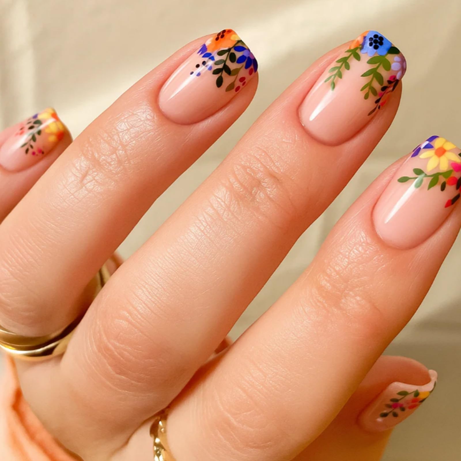 Floral French Press-On Nails with Pastel Pink Base & Colourful Hand-Painted Designs