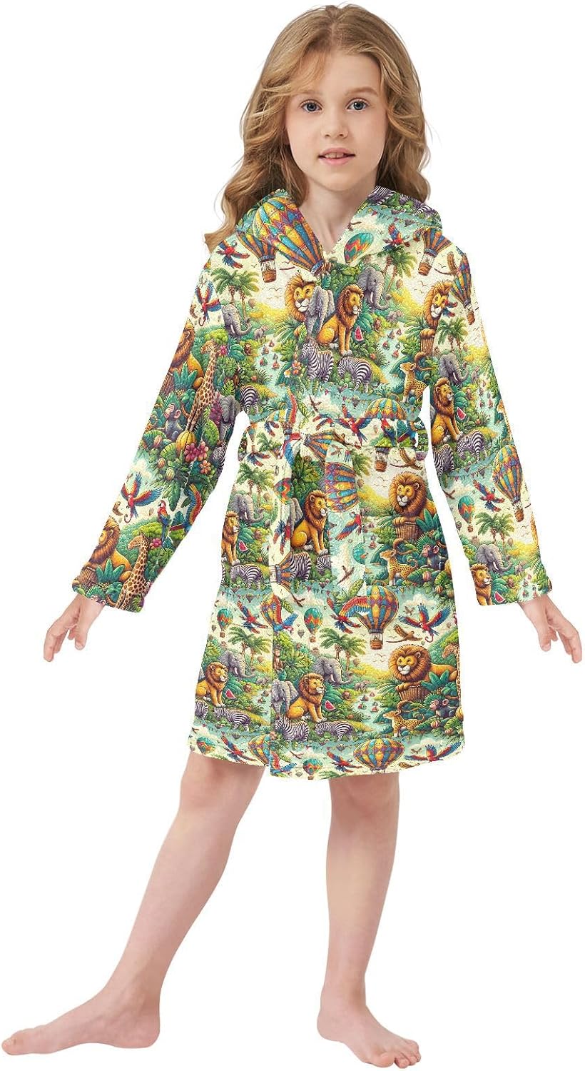 senya Jungle Animals and Hot Air Balloon Toddler Hooded Bathrobe Kids Soft Plush Bath Towel Robes for Boys Girls 2-12 Years