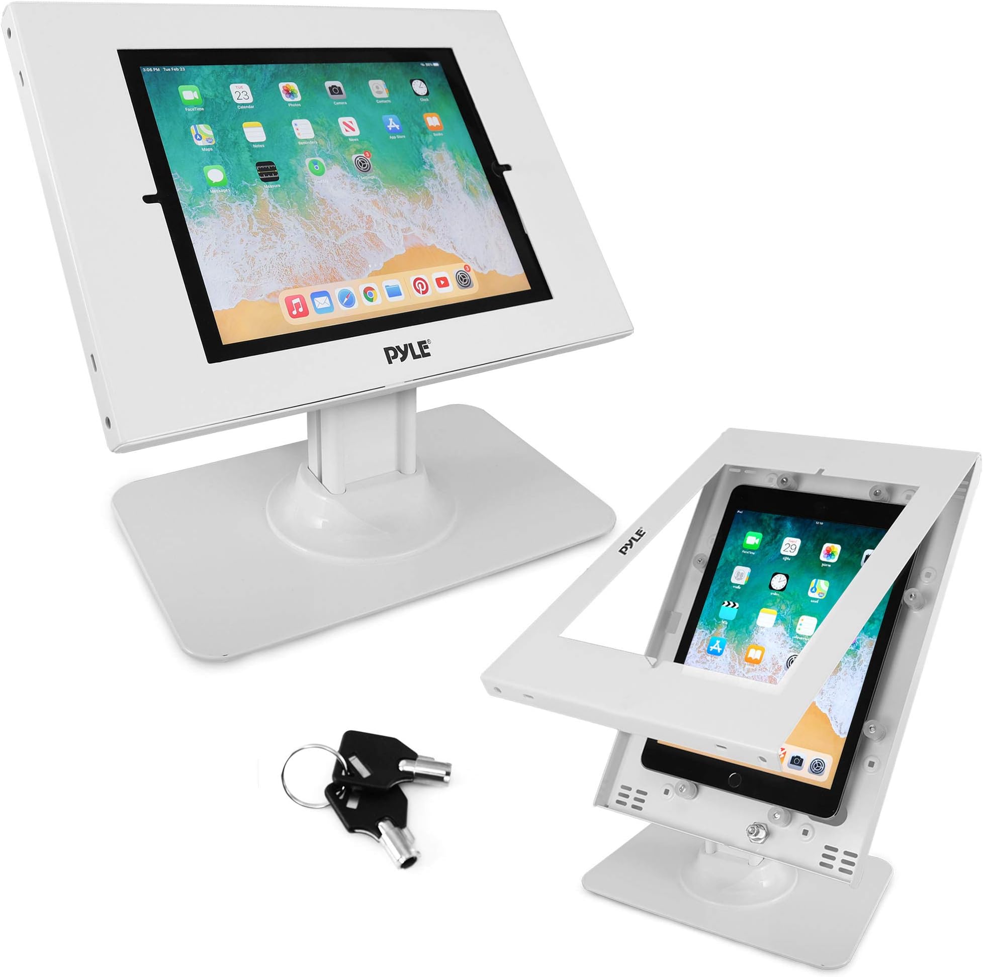 Anti-Theft Tablet Security Stand - Table Mount Desktop iPad Kiosk With Lock and Key, 90° Rotate 75° Tilt for iPad, Samsung Galaxy Tab A (2022) PSPADLK18, White