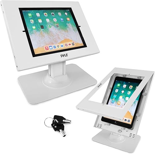 Pyle Soporte de seguridad antirrobo para tableta, soporte de mesa para quiosco de iPad de escritorio con mecanismo de bloqueo y llave, rotación de