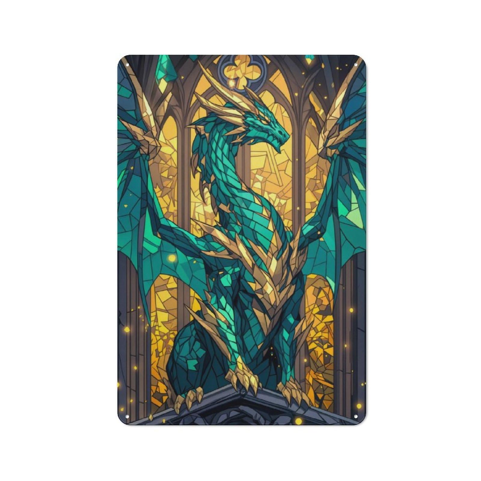 Decorative Tin Sign with Majestic Stained Dragon Design 30x20cm, Classic Old Style Wall Plaque for Living Room, Hallway, Kitchen Or Cafe