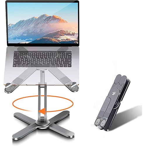 Laptop Stand with 360 Rotating Base, Computer Notebook Laptop Riser Metal Holder for Desk Collaborative Work, Fully Foldable for Easy Storage, Fits All MacBook, Laptops up to 16 inches, Grey