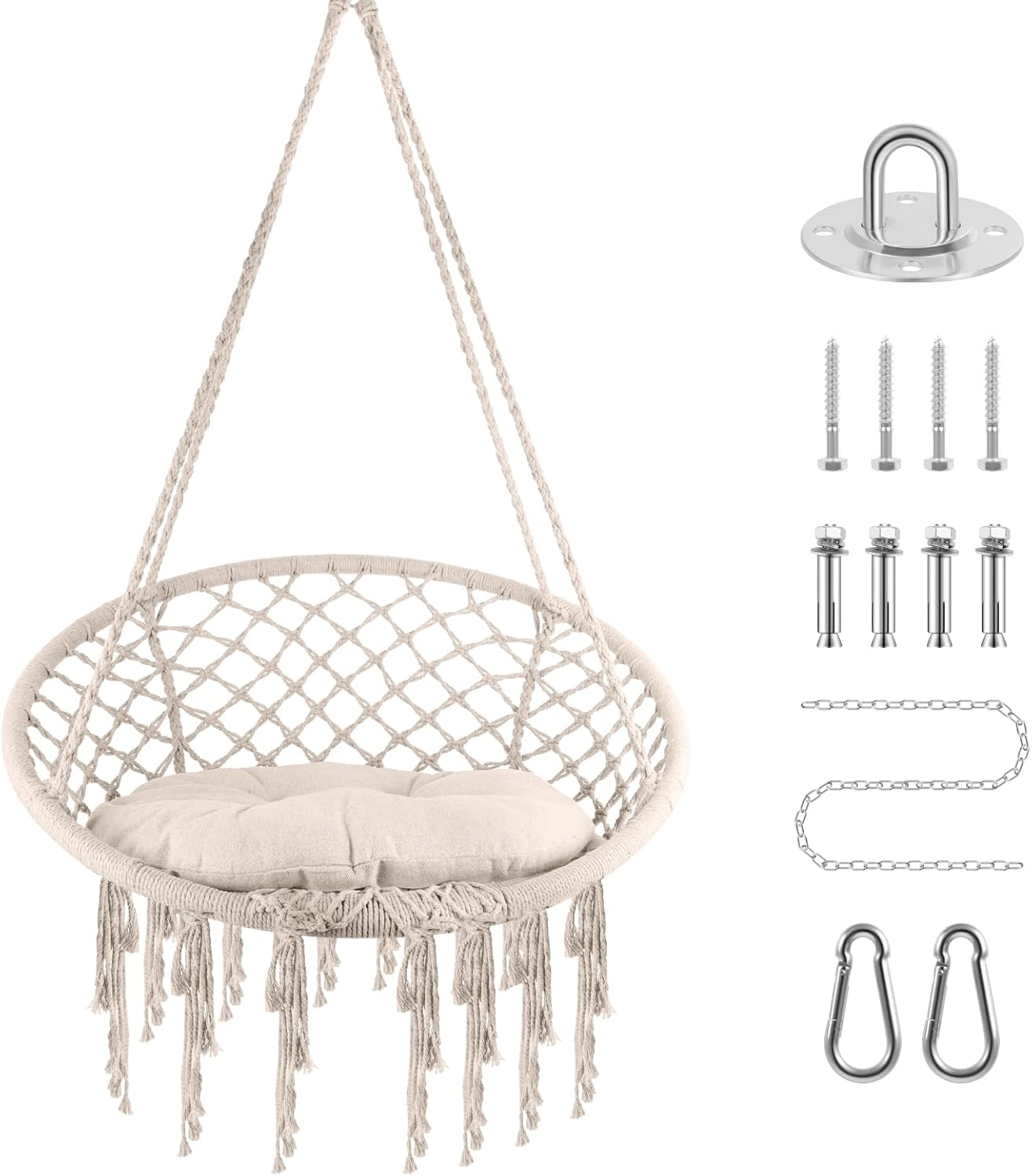 330LBS Hammock Chair, Hanging Swinging Chair,Soft Cotton Rope Swing Chair with Cushion for Indoor Outdoor Bedroom Porch Balcony (Beige)