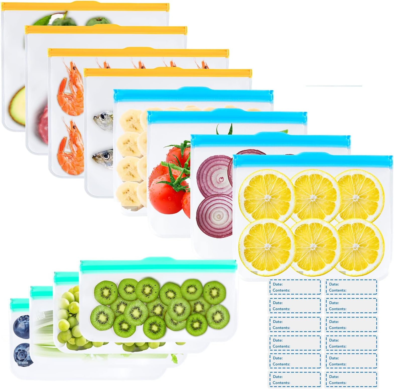 Reusable Silicone Freezer Bags + Freezer Labels, Reusable Food Bags BPA Free, Eco-Friendly and Leakproof Ziplock Bags with Triple Zip Closures-12 Packs