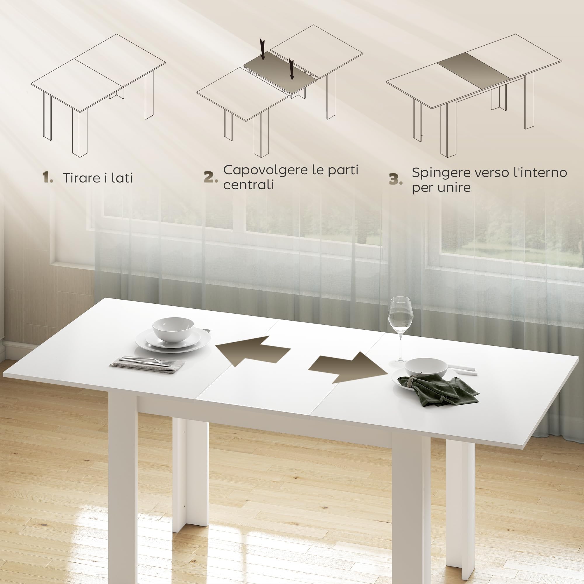 HOMCOM Tavolo da Pranzo Allungabile per 6-8 Persone con Pannelli a Ribalta, Tavolo da Cucina Allungabile in MDF, per Sala da Pranzo, Soggiorno, 140-180x80x75 cm, Bianco
