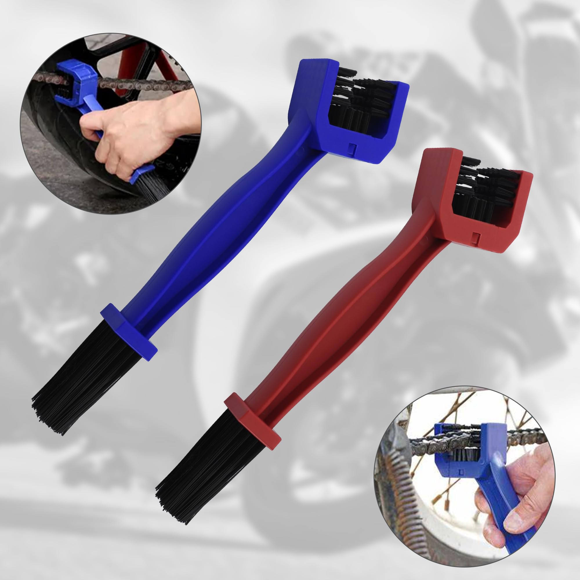 2 sztuki szczotek do łańcucha motocyklowego, zestaw do czyszczenia łańcucha motocyklowego z długimi i trójstronnymi włosami, uniwersalny zestaw do czyszczenia łańcucha motocyklowego do motocykla