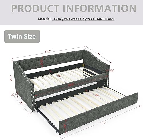 Miniatura 2 de Sofá cama tamaño individual con nido, sofá cama capitoné tapizado con botones copetudos y adornos de uñas en los brazos, marco de cama de día con