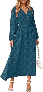 Simplee Womens Boho Floral Long Sleeve Maxi Dress V Neck Empire Waist Fall Wedding