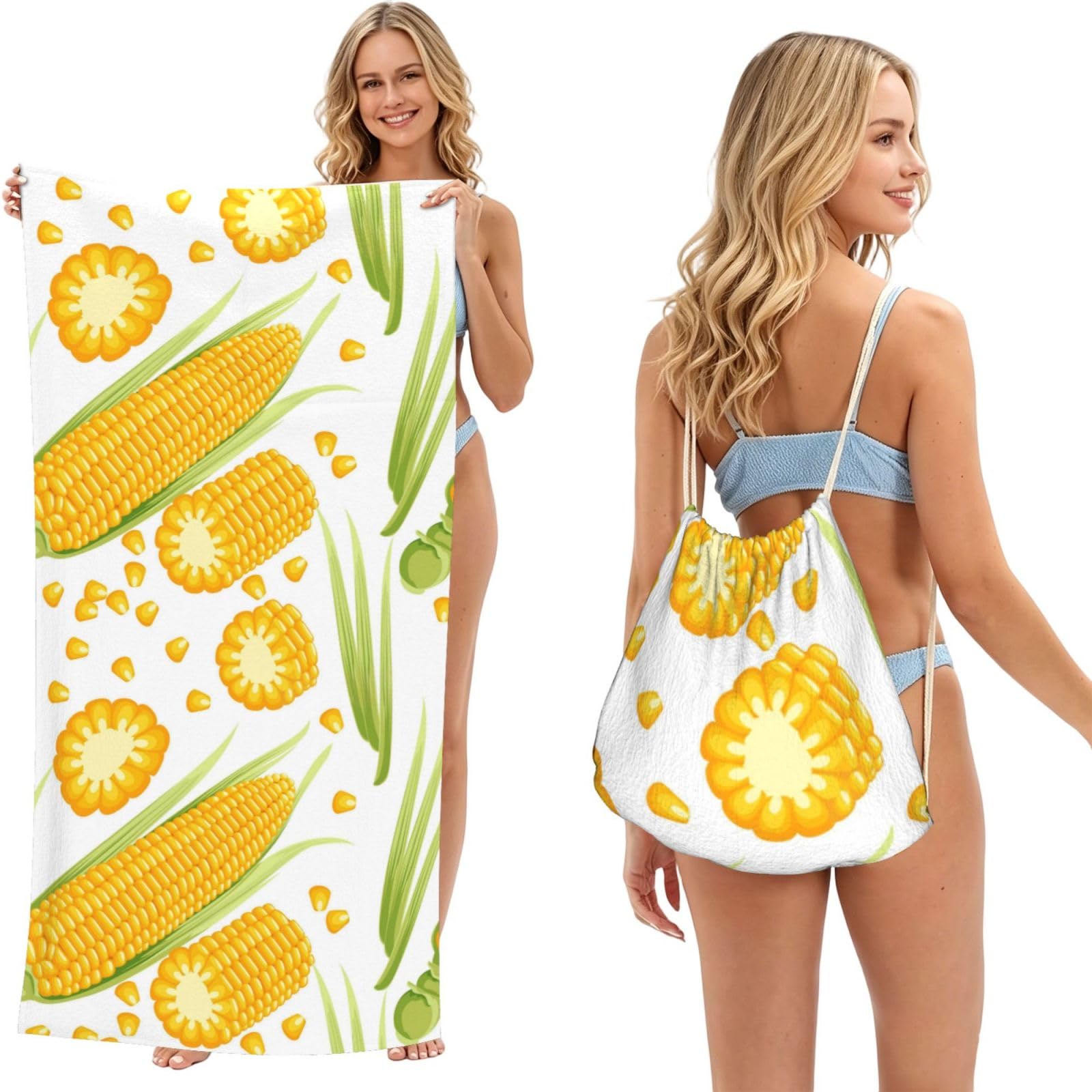 Poadnly As Picture Fresh Ripe Corn Cobs Pattern, 2 In 1 Packable Towel Bag, Beach Towels With Drawstring Backpack For Travel Holiday Camping