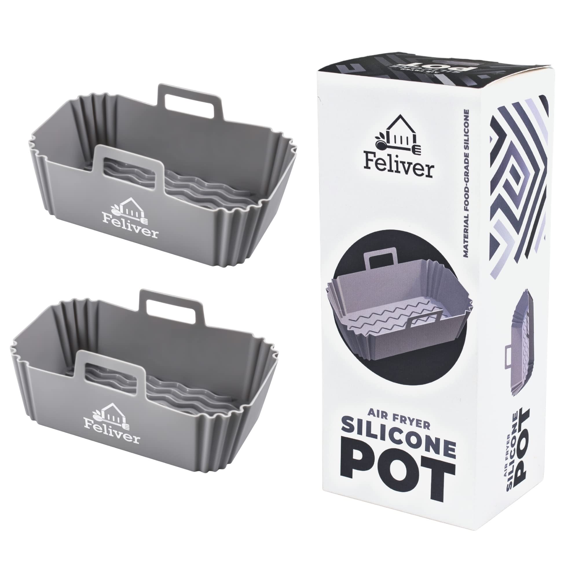 Feliver 2Pcs Air Fryer Silicone Pot Rectangular for Ninja Foodi Dual DZ201 8QT, Reusable Silicone Liner Replacement Baking Tray Basket Insert | Non-stick | Easy Cleaning | Food Safe | Gray