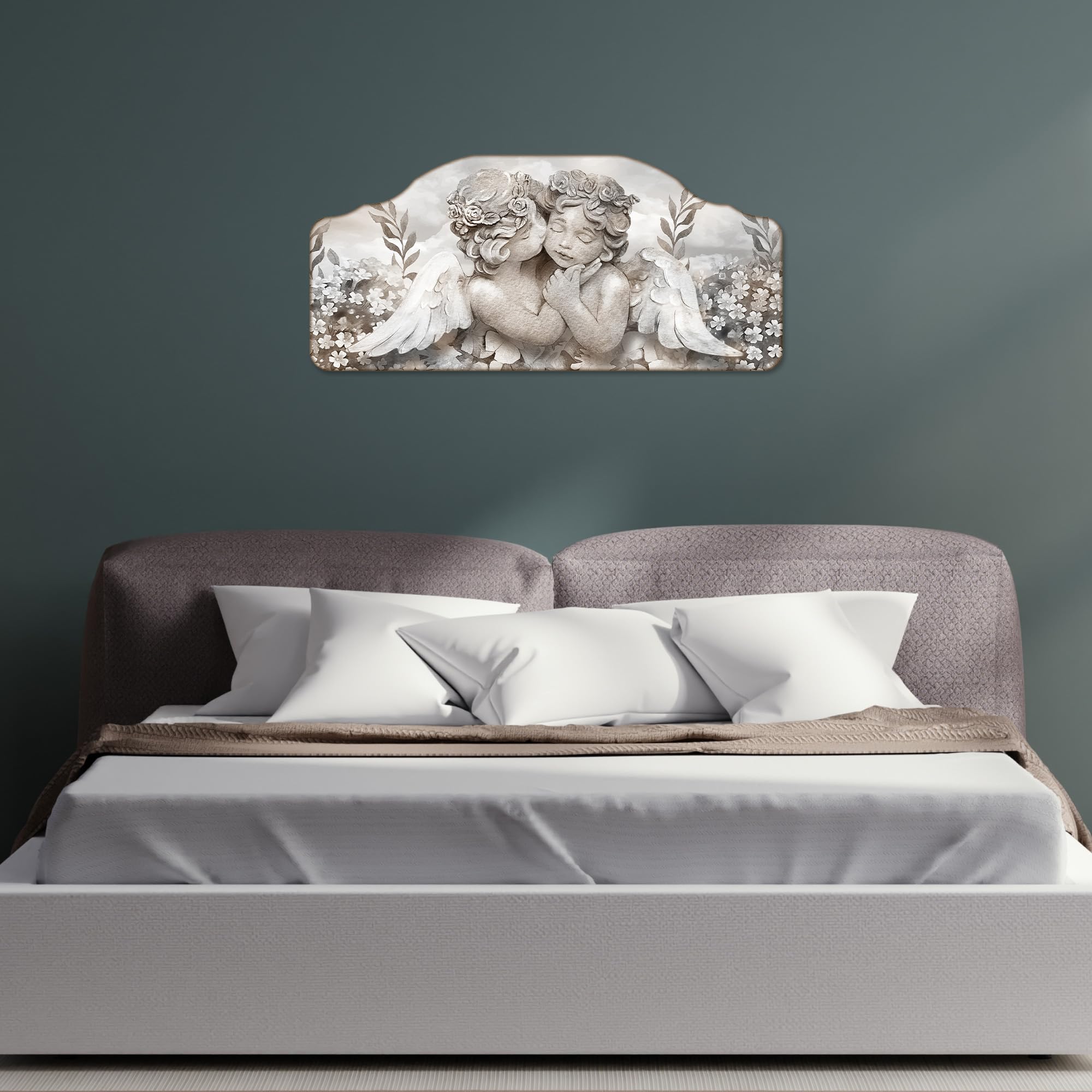Lupia - Quadro camera da letto CAPEZZALE moderno 50x100 cm ANGELS IN FLOWERS MIX, Angeli, Stampa su legno Amorini, Artigianale, Made in Italy, soggiorno