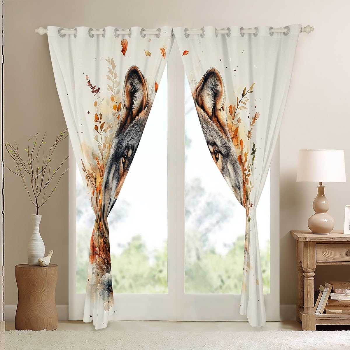 Loussiesd Wolf Vorhänge 245x140cm Tierwölfe Blickdichte Vorhänge Blumen und Pflanzen Fenstervorhang Wildtiere Blickdichte Vorhänge Zimmer Dekor Orange Weiß Gardinen