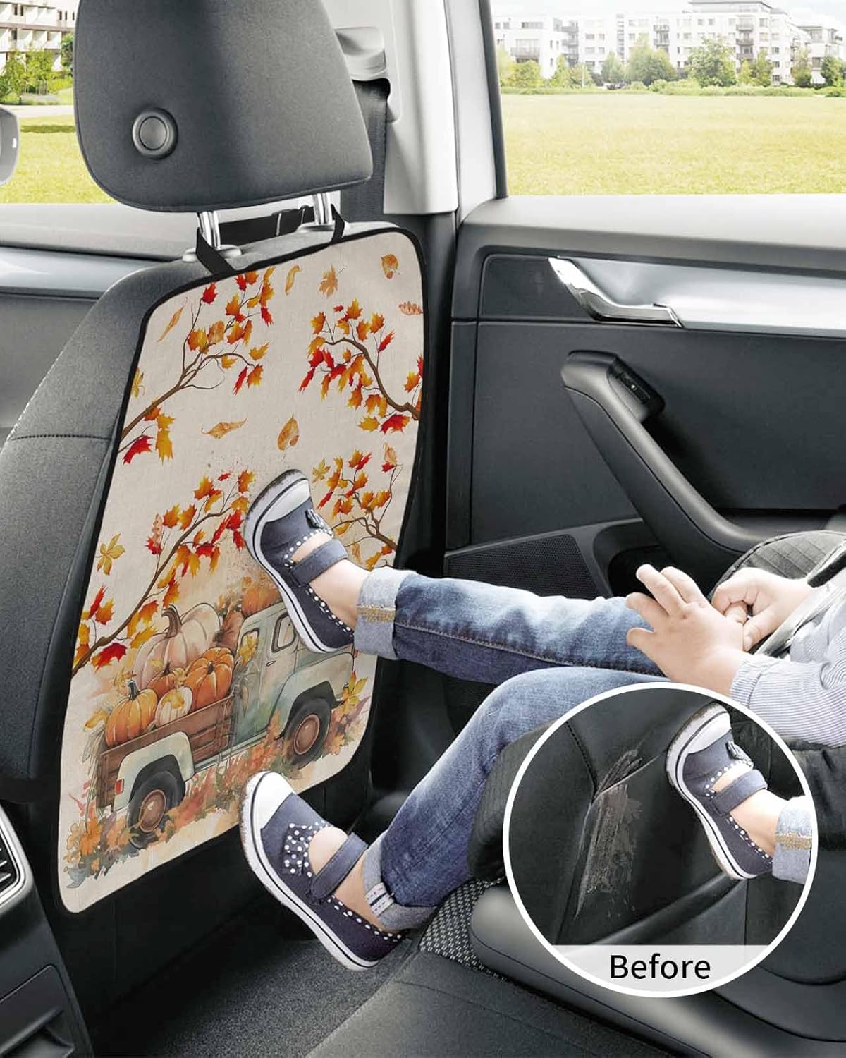 Car Seat Protector, 2 Pack Kick Mats Back Seat Protector Thanksgiving Pumpkin Truck Fall Maple Leaves Linen Texture Waterproof Backseat Cover for Kids Universal Fit Automotive Interior Protectors