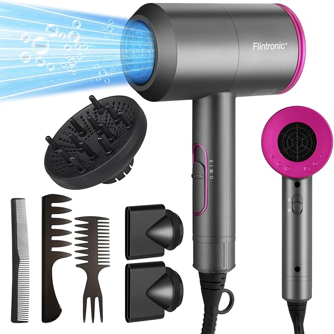 Flintronic Secador de Pelo de 2000W, Secador de Pelo Iónico Profesional Poderoso para Secado Rápido, Botón de enfriamiento independiente(3 Velocidades, 3 Boquillas y 2 Difusores)